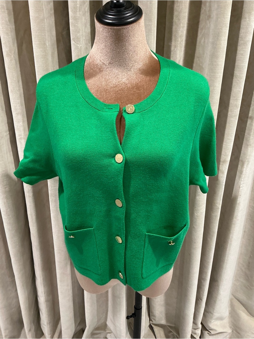 Green Short-Sleeve Cashmere Blend Cardigan Sweater
